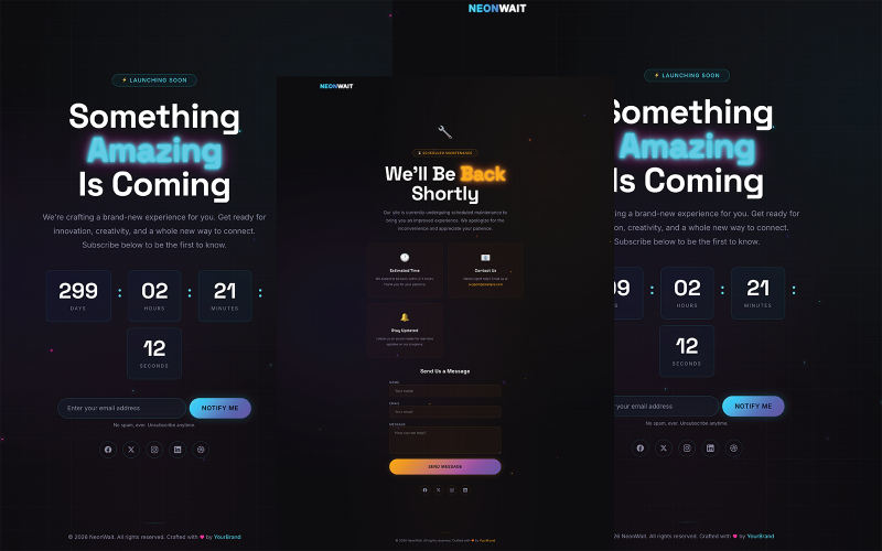 NeonWait gratuito — Modello HTML animato in arrivo/manutenzione