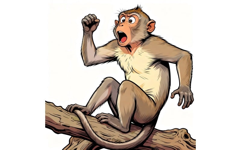 Illustrazione di un macaco dalla coda lunga seduto su una radice che guarda stupito
