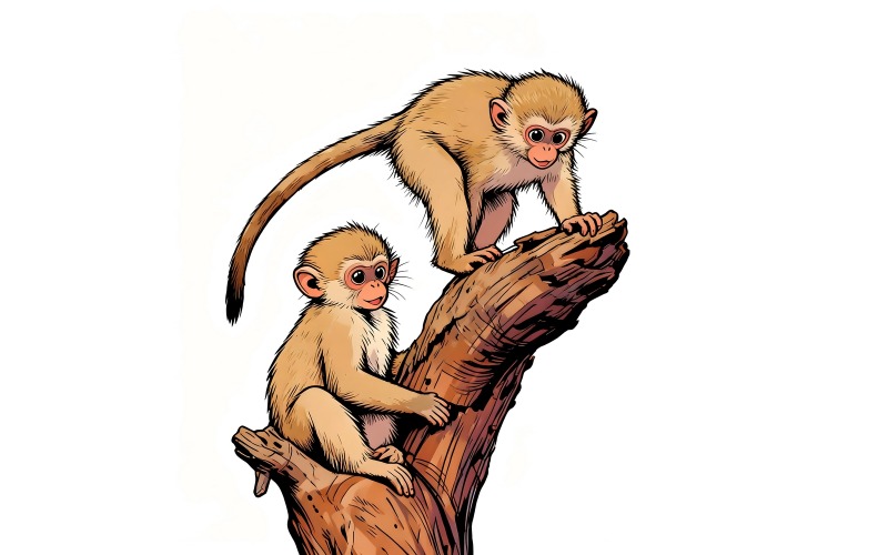 Illustrazione di due adorabili scimmiette che giocano con un tronco di legno