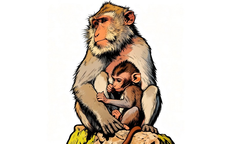 Ripresa verticale di una madre, di un cucciolo di babbuino e di una scimmia che riposa su una roccia. Illustrazione