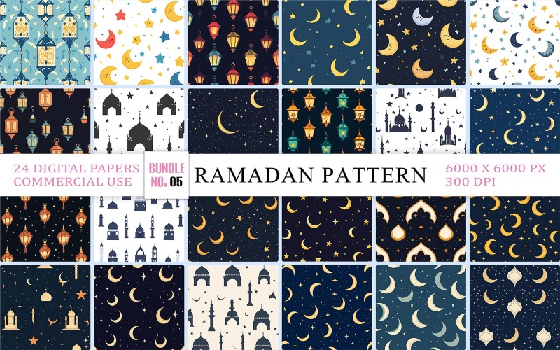 Coleção de padrões do céu noturno do Ramadã Kareem | Papel digital com padrão de lanterna islâmica