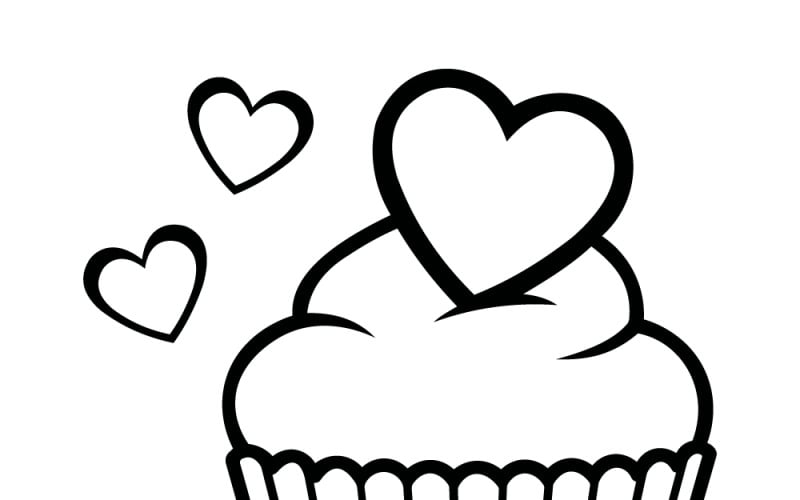 Ilustración de arte lineal de cupcake con corazones, ícono de postre de amor para hornear y hacer manualidades en San Valentín.