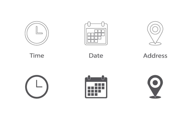 Symbolset für Zeit, Datum und Adresse – Minimalistische UI-Symbole für Uhr, Kalender und Standortmarkierung