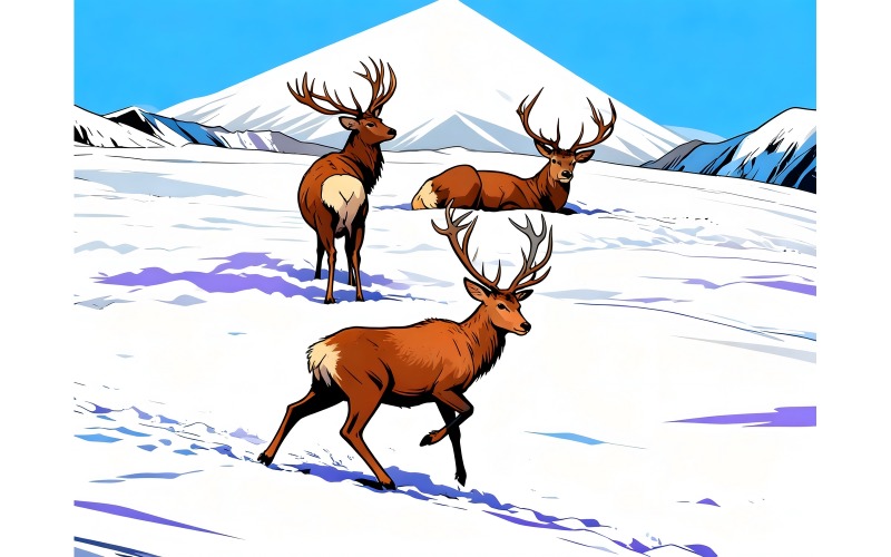 Illustrazione del paesaggio invernale con cervi e neve