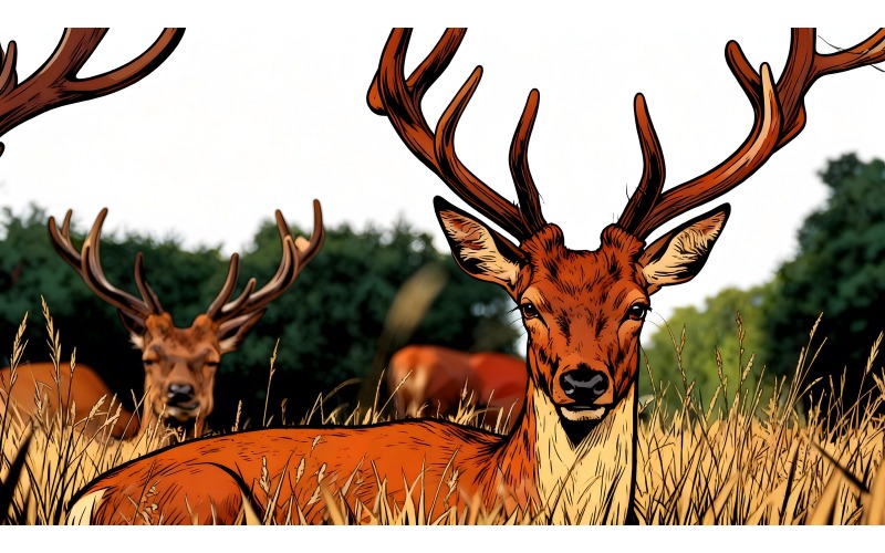 Illustrazione di un alce maschio circondato da altri animali