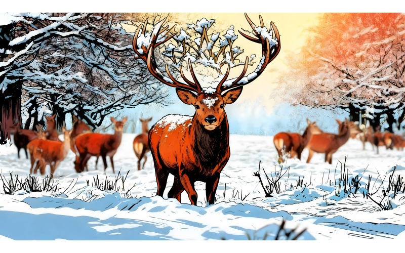 Illustrazione di un maestoso cervo rosso in inverno