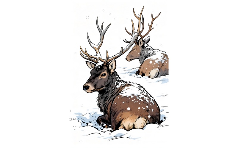 Illustrazione invernale di renne su terra innevata