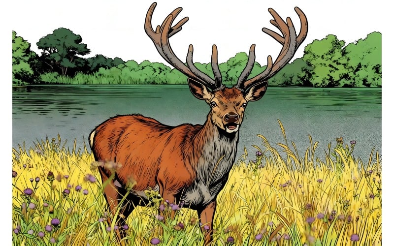 Illustrazione di un cervo in piedi su un campo erboso vicino al lago