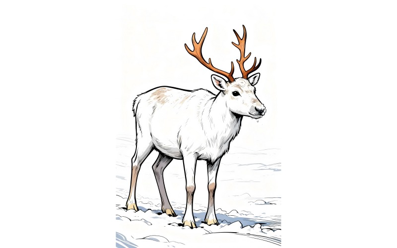 Ilustracja białego jelenia stojącego na pokrytej śniegiem ziemi