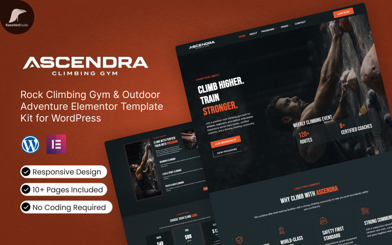 ASCENDRA - Kit de modelos Elementor para WordPress para academia de escalada e aventuras ao ar livre