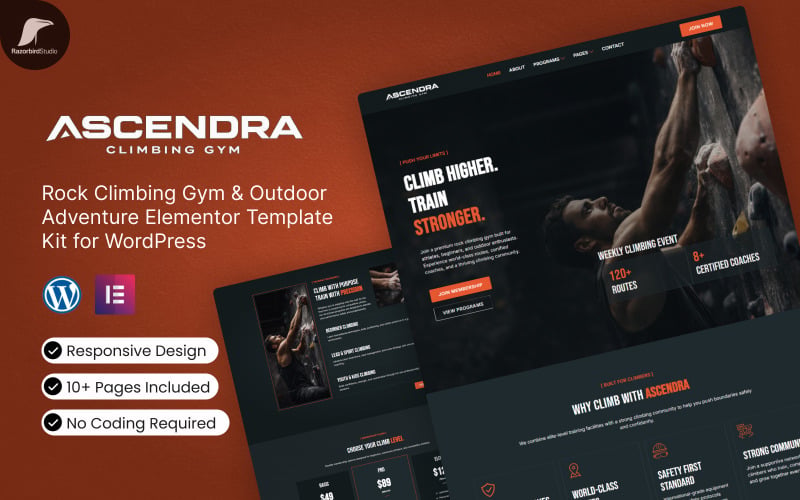 ASCENDRA - Sada šablon Elementor pro WordPress, horolezectví a outdoorové dobrodružství