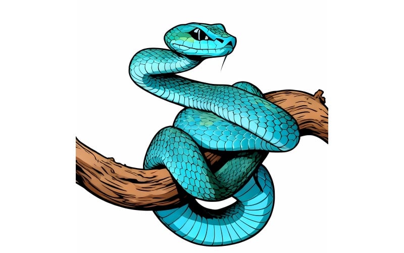 Serpente vipera blu visto di lato su un ramo con sfondo nero Illustrazione del serpente vipera blu