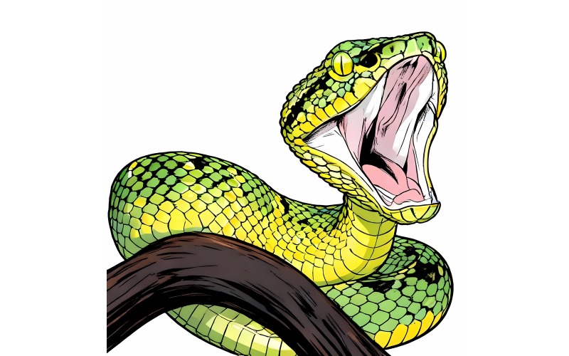 Illustrazione di un primo piano di un serpente arrabbiato con la bocca aperta su un ramo.