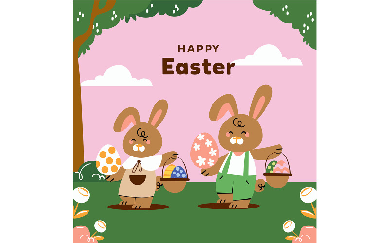 Dos alegres conejos de dibujos animados celebrando la Pascua.