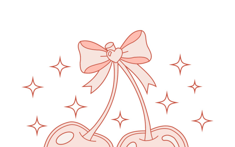 Cerises roses mignonnes avec nœud et paillettes — Illustration de fruits kawaii pour autocollants et mode