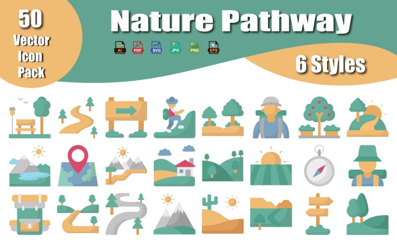 Pacchetto di icone per percorsi naturalistici: sentiero nel bosco, percorso nel giardino, sentiero escursionistico e paesaggio esterno.