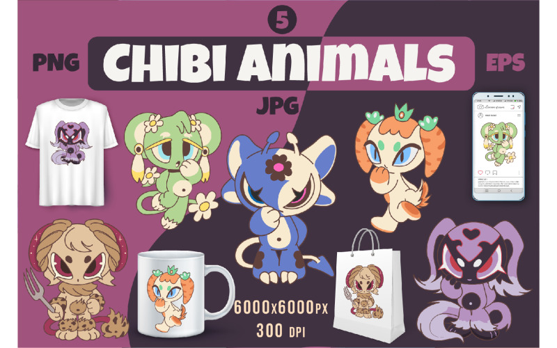Chibi-djur set 05. T-shirt, PNG.