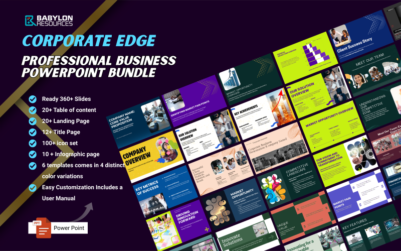 Corporate Edge | Profesjonalny pakiet prezentacji biznesowych PowerPoint składający się z 360 slajdów