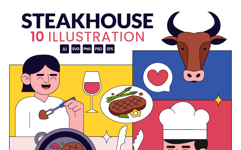 Illustratie van een steakhouserestaurant (10 stuks)