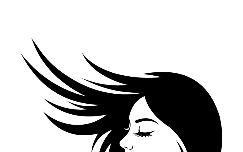 Stylizowany profil kobiety z rozpuszczonymi włosami, logo urody, ilustracja dla mody