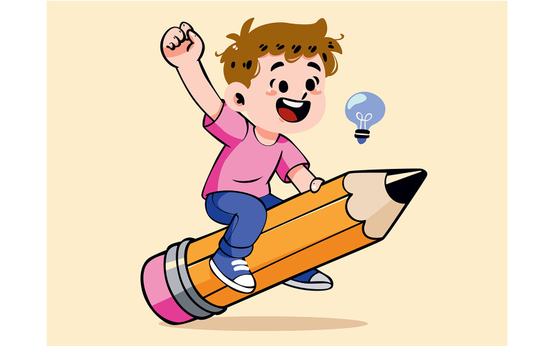 Vrolijke cartoonjongen die op een groot potlood rijdt