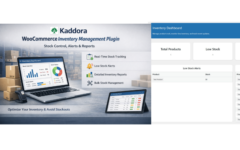 Kaddora WooCommerce Inventory Management Plugin – Lagerkontroll, varningar och rapporter