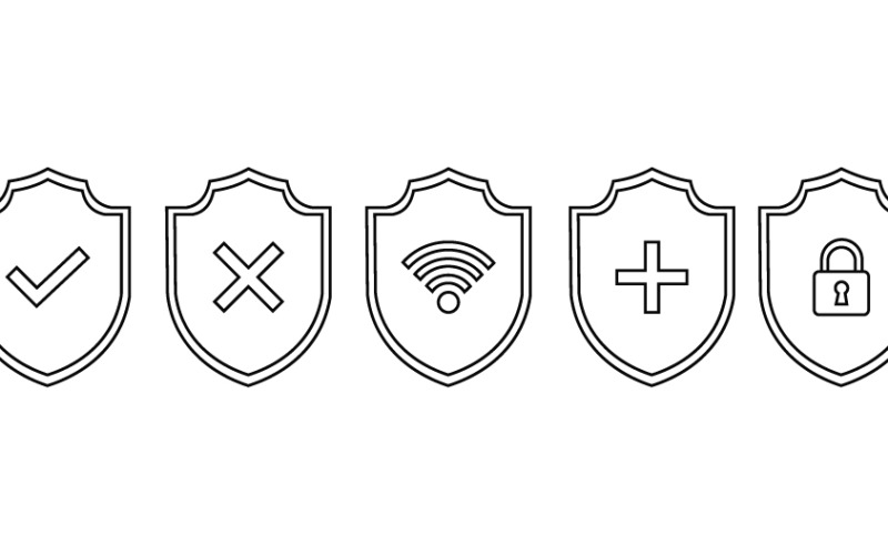 Set di icone di sicurezza minimaliste a forma di scudo con croce di spunta, simbolo Wi-Fi Plus e lucchetto per la progettazione dell'interfaccia utente.