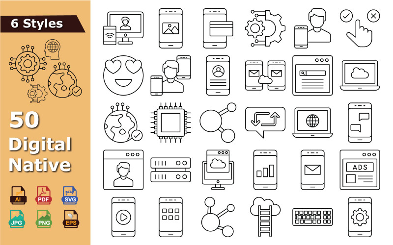 Pacchetto di icone digitali native per la tecnologia: set di icone vettoriali per tecnologia, dati, reti e sistemi digitali.