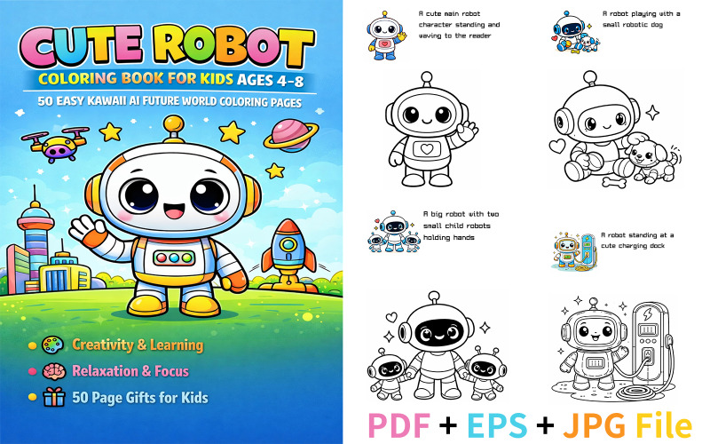 Söt robotmålarbok för barn i åldrarna 4–8 50 Enkel Kawaii