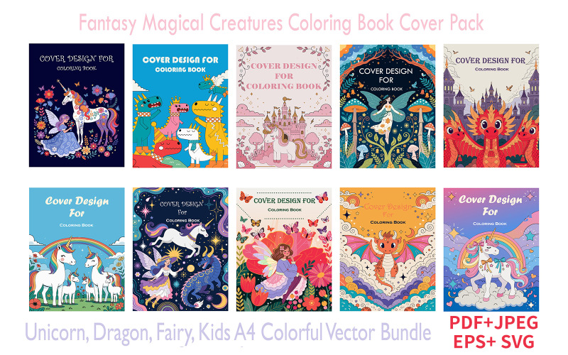Copertina del libro da colorare con creature magiche fantastiche