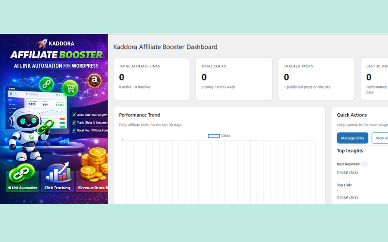 Plugin Kaddora Affiliate Booster pro automatizaci odkazů s umělou inteligencí pro WordPress
