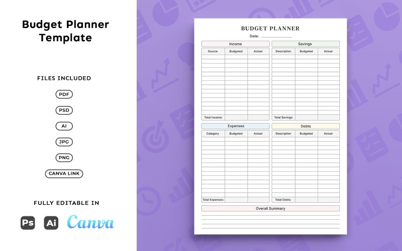 Budgetplanner voor persoonlijke financiën – Bedrijfsplanner, uitgaven bijhouden, strak en minimalistisch A4-formaat