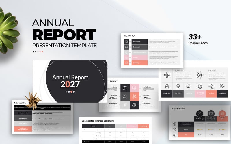 Modello di presentazione PowerPoint per il rapporto annuale minimale e pulito