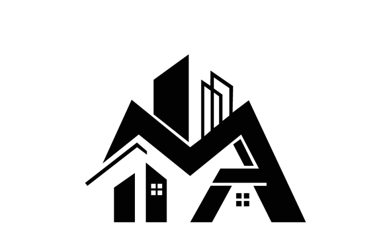 Nowoczesne logo nieruchomości z dachem domu i budynkiem miejskim do brandingu firmy zajmującej się nieruchomościami