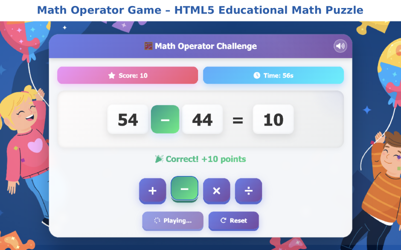 Juego de operadores matemáticos: rompecabezas matemático educativo en HTML5.