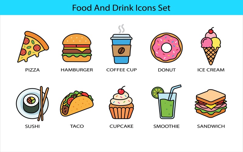 Kleurrijke pictogrammen van eten en drinken, vectorafbeeldingen geïsoleerd op een witte achtergrond.