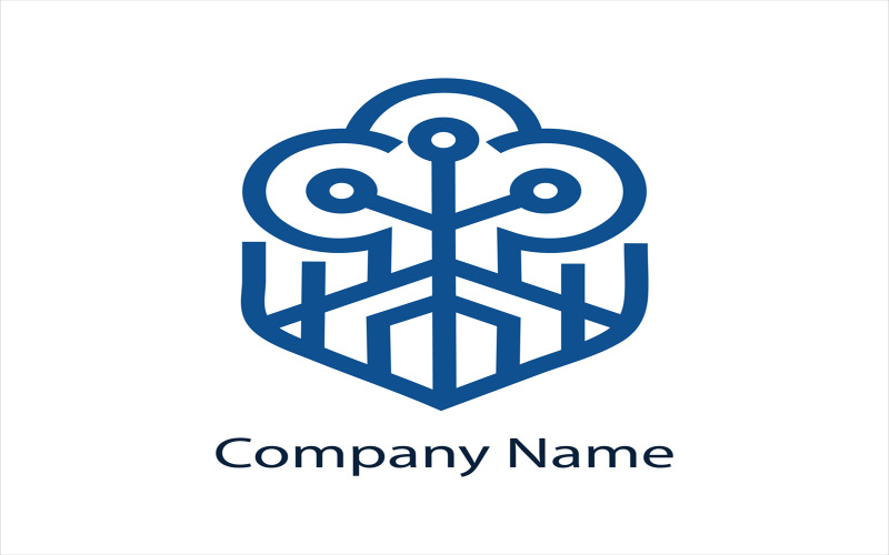 Logo tecnologico minimalista di colore blu con simbolo astratto di rete cloud e struttura dati.