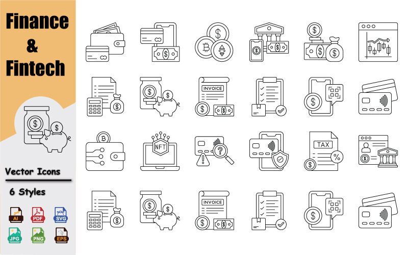 Finans- och FinTech-ikonpaket – Bank, kryptovaluta, investeringar, plånbok, handelsgränssnittsikoner