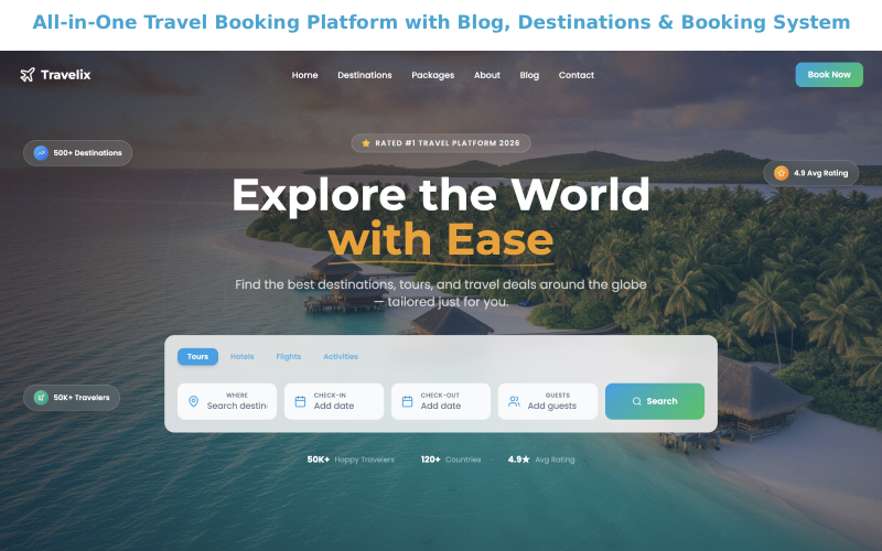 Allt-i-ett-plattform för resebokning med blogg, destinationer och bokningssystem React JS-tema