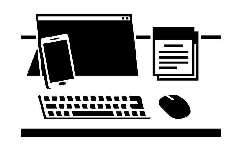Illustrazione vettoriale minimalista di un computer desktop con tastiera e mouse.