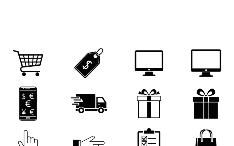 Çevrimiçi Alışveriş ve E-ticaret Simge Seti: Sepet, Fiyat Etiketi, Teslimat, Hediye, Ödeme