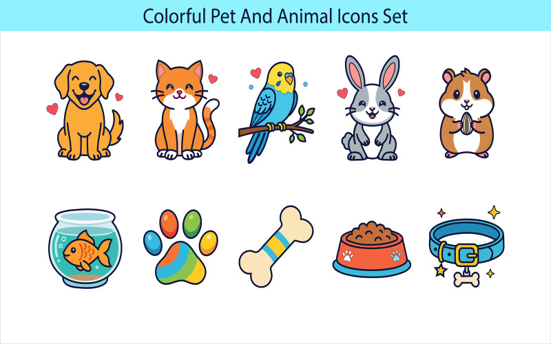 Set di icone colorate di animali domestici con cane, gatto, uccello e altri simpatici animali su sfondo bianco