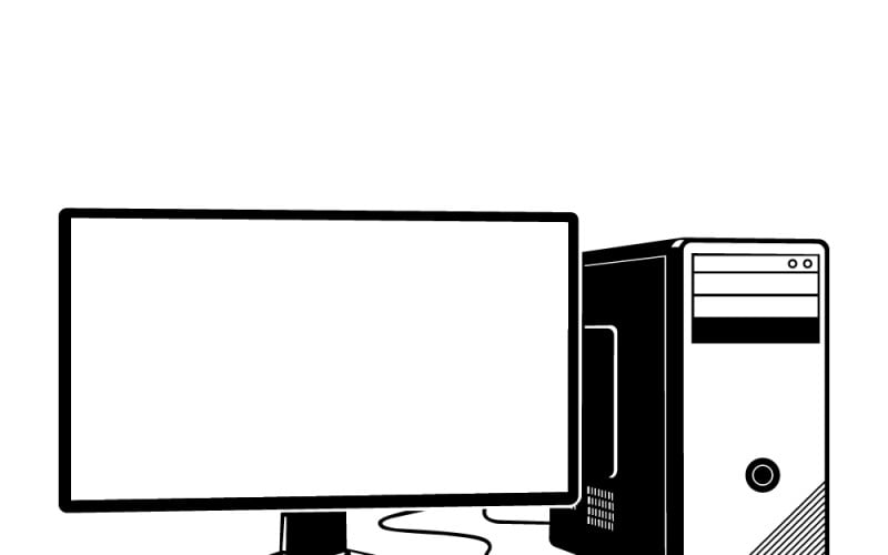Stationär dator med skärm, tangentbord och mus - svartvit teknikillustration