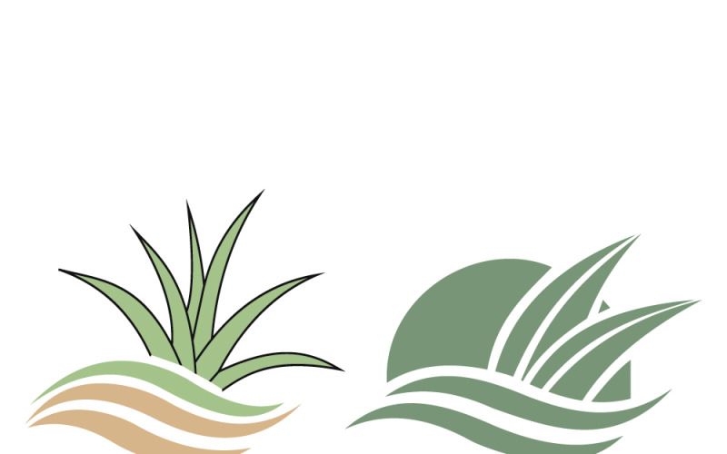 Set di loghi Eco Grass And Wave con emblemi astratti di natura e paesaggio, sole e orizzonte.