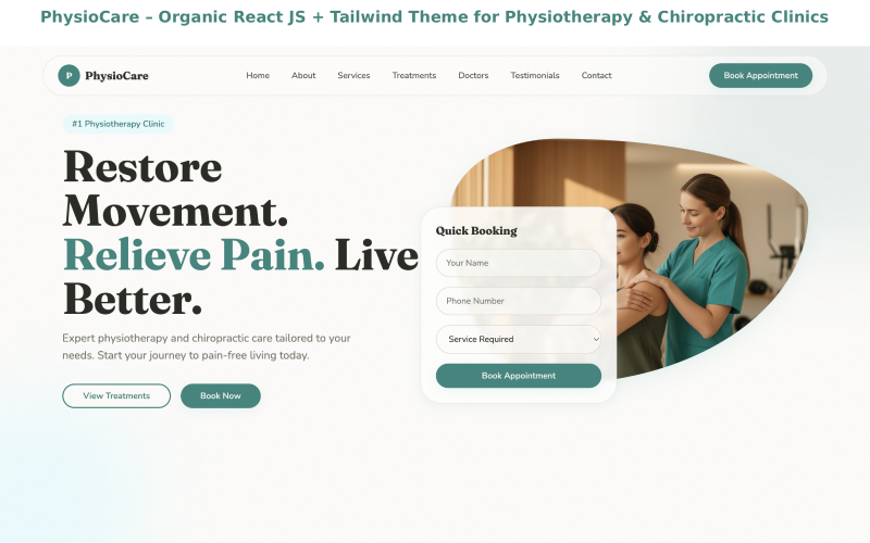 PhysioCare – Organic React JS + Tailwind-tema för fysioterapi- och kiropraktikkliniker