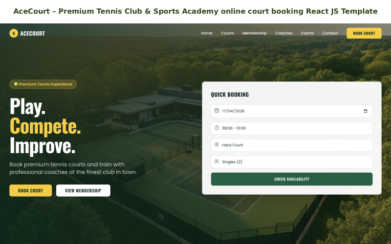 AceCourt – Šablona React JS pro online rezervaci kurtů pro prémiový tenisový klub a sportovní akademii