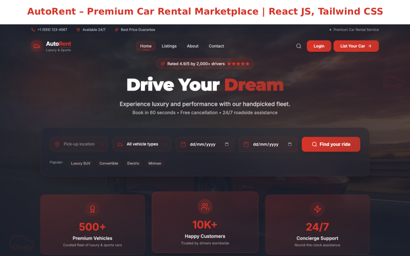 AutoRent – Ринок прокату преміальних автомобілів | React JS, Tailwind CSS