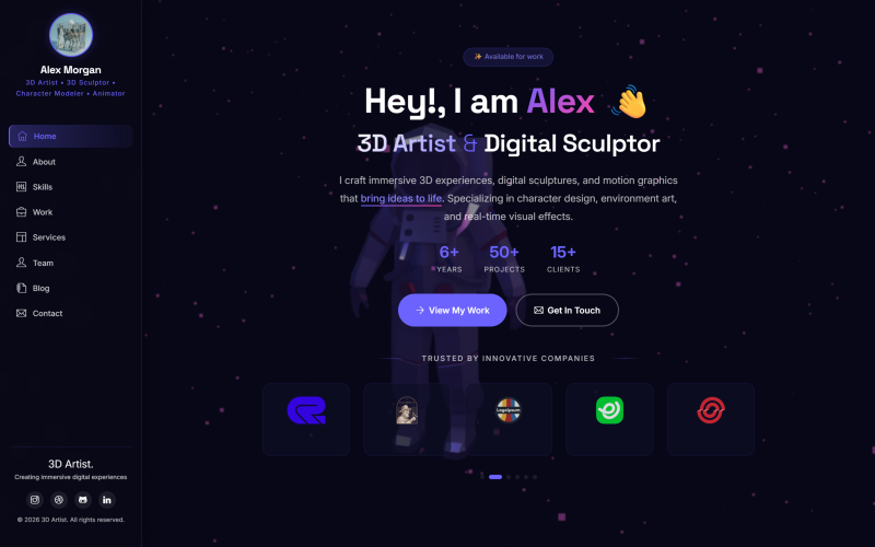3D Sanatçı Portföyü | Animasyon Stüdyosu HTML Şablonu