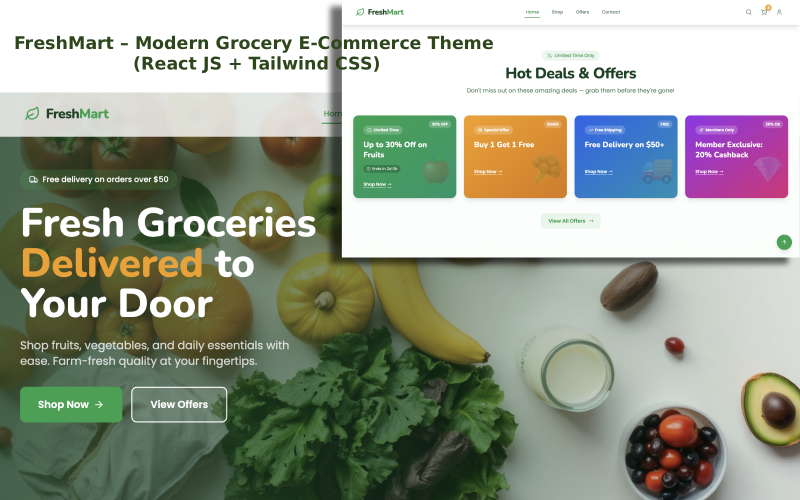 FreshMart – Сучасна тема електронної комерції для продуктового магазину (React JS + Tailwind CSS)