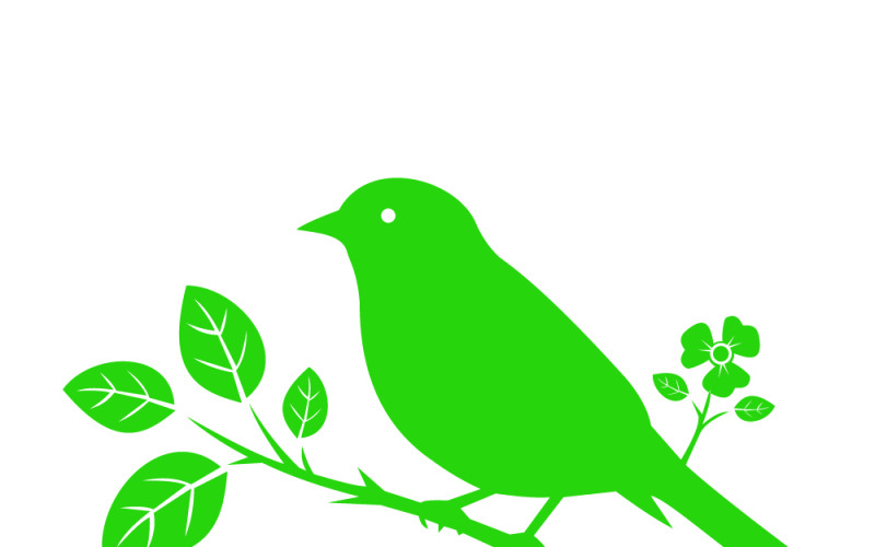 Silhouet van een groene vogel op een tak met bladeren en bloemen - Natuuricoon en lente-illustratie